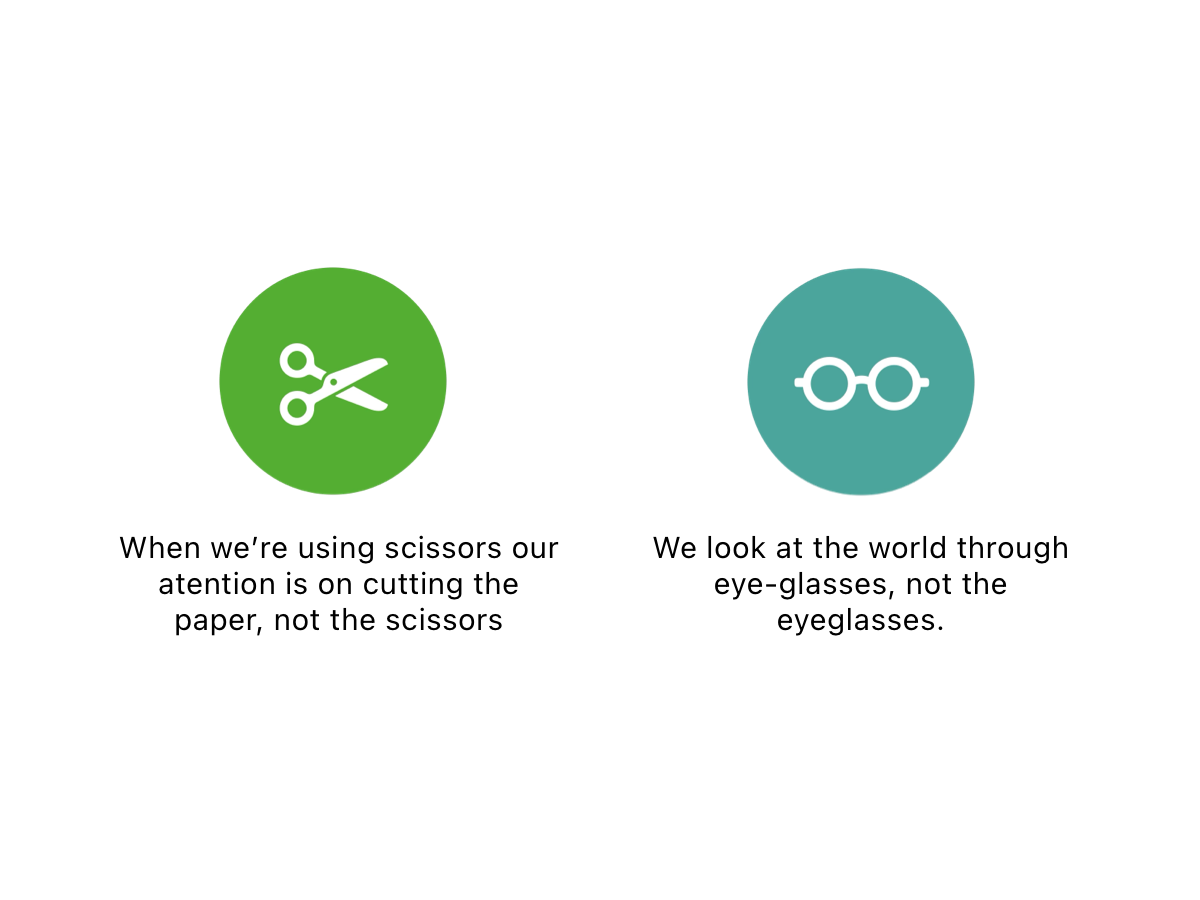 Examples showing that good tools fade into the background (scissors and eyeglasses examples)