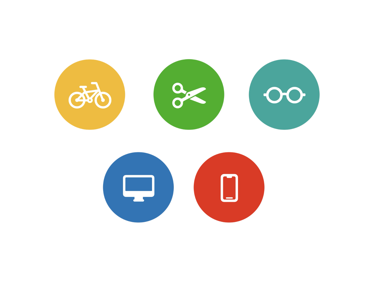 Tools: bicycle, scissors, eyeglasses, computer, and phone icons