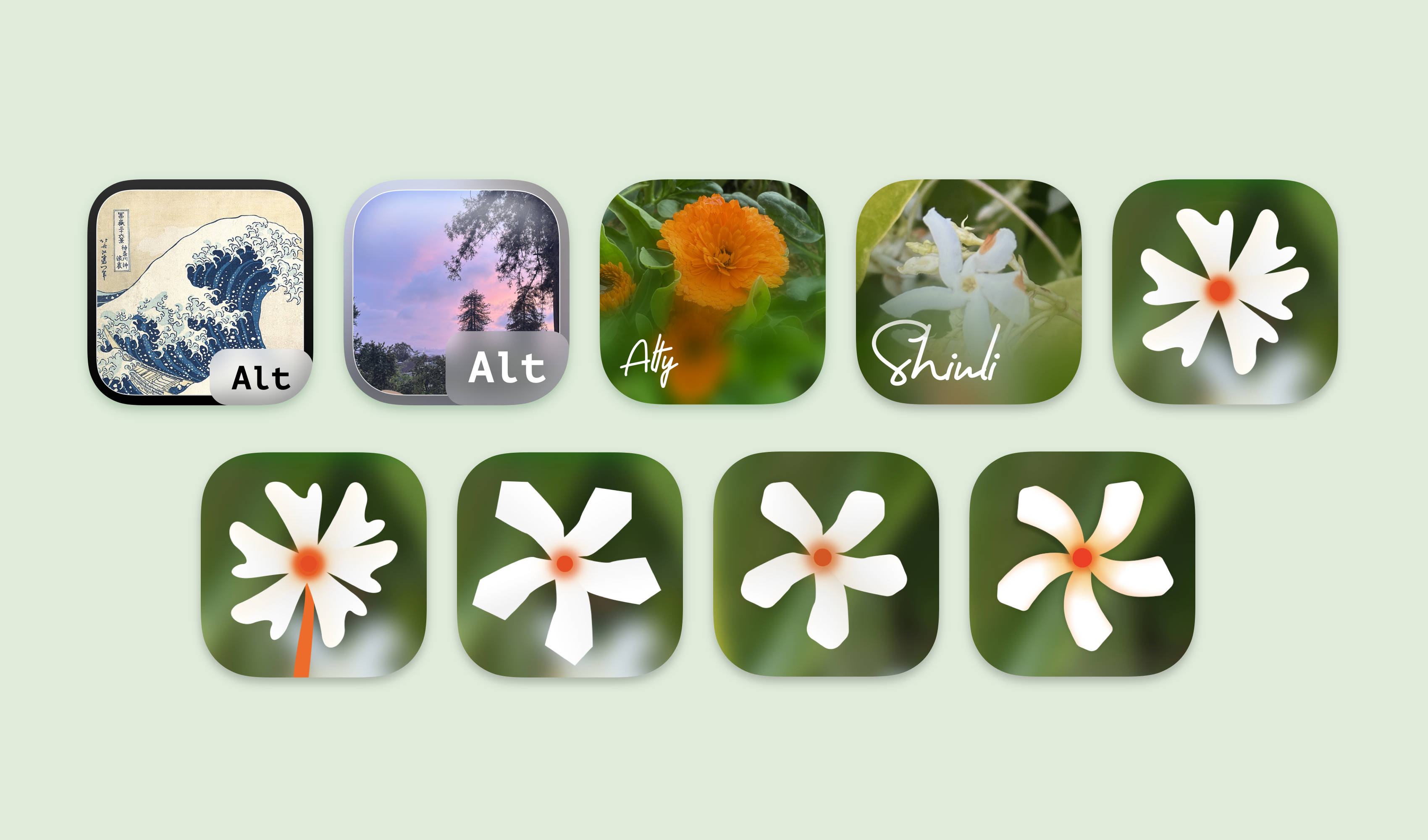Icon design iterations from Alt to Shiuli