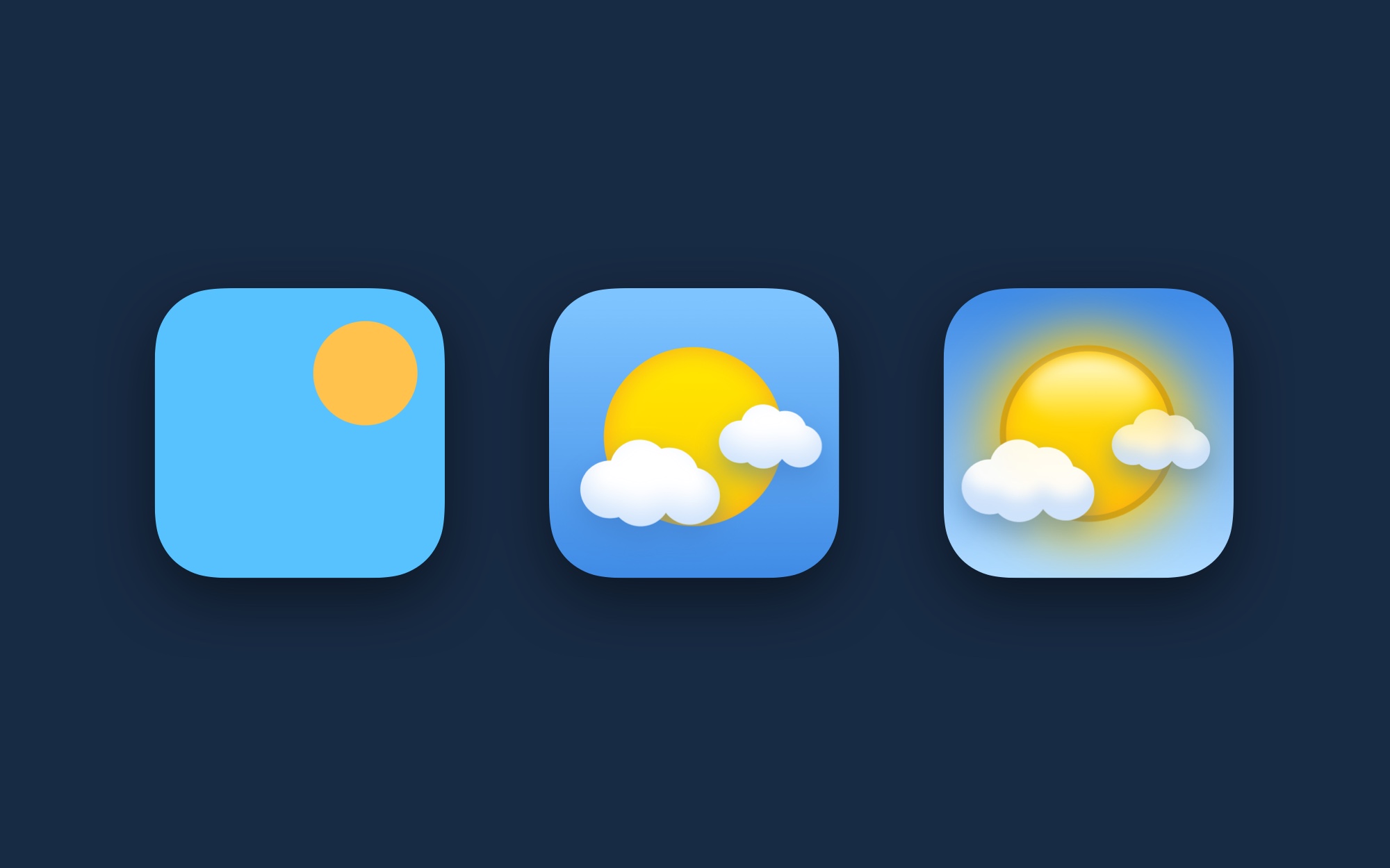Comparison of the weather app icon in abstract, gradient and textured themes.