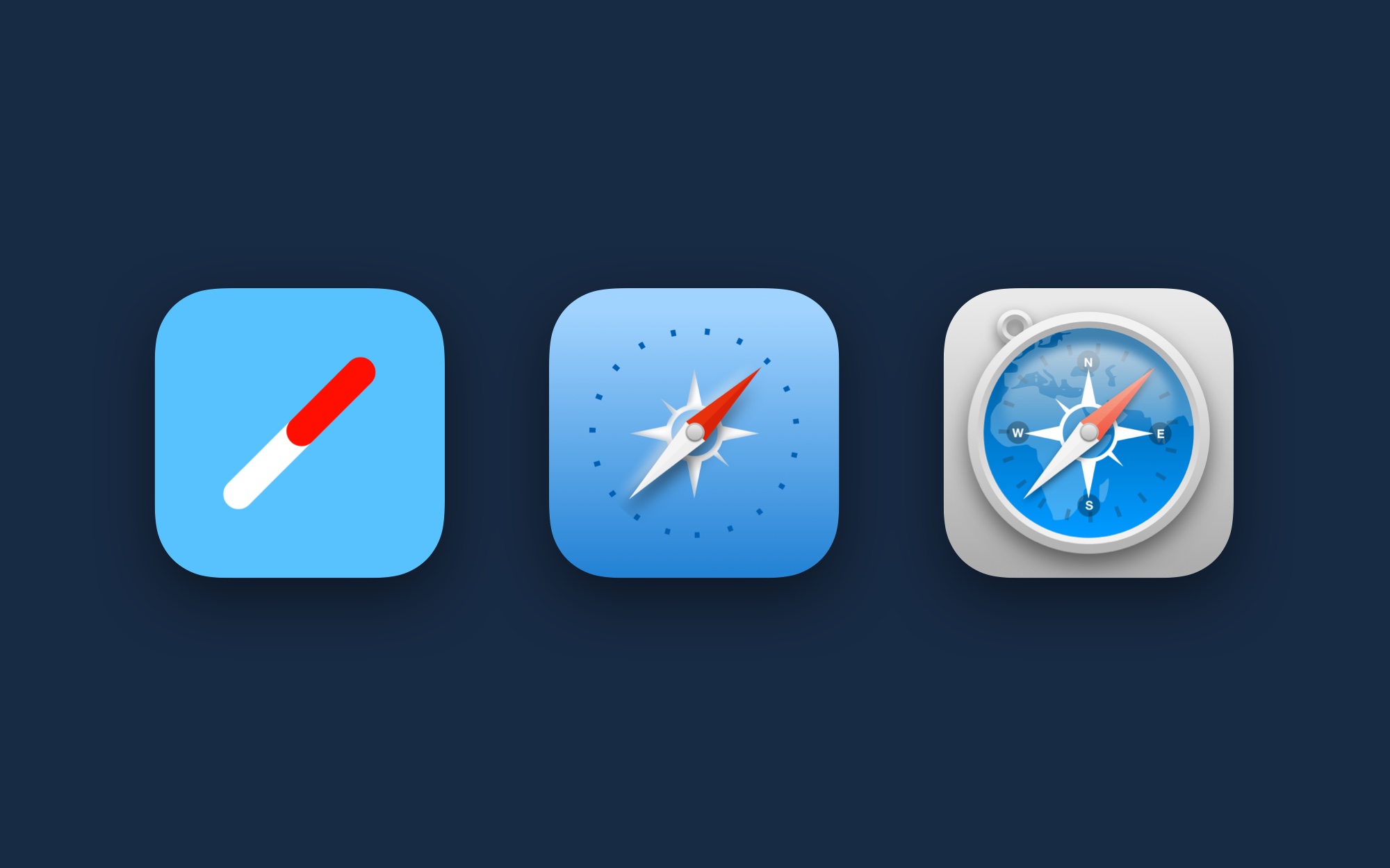 Comparison of the Safari app icon in abstract, gradient and textured themes.