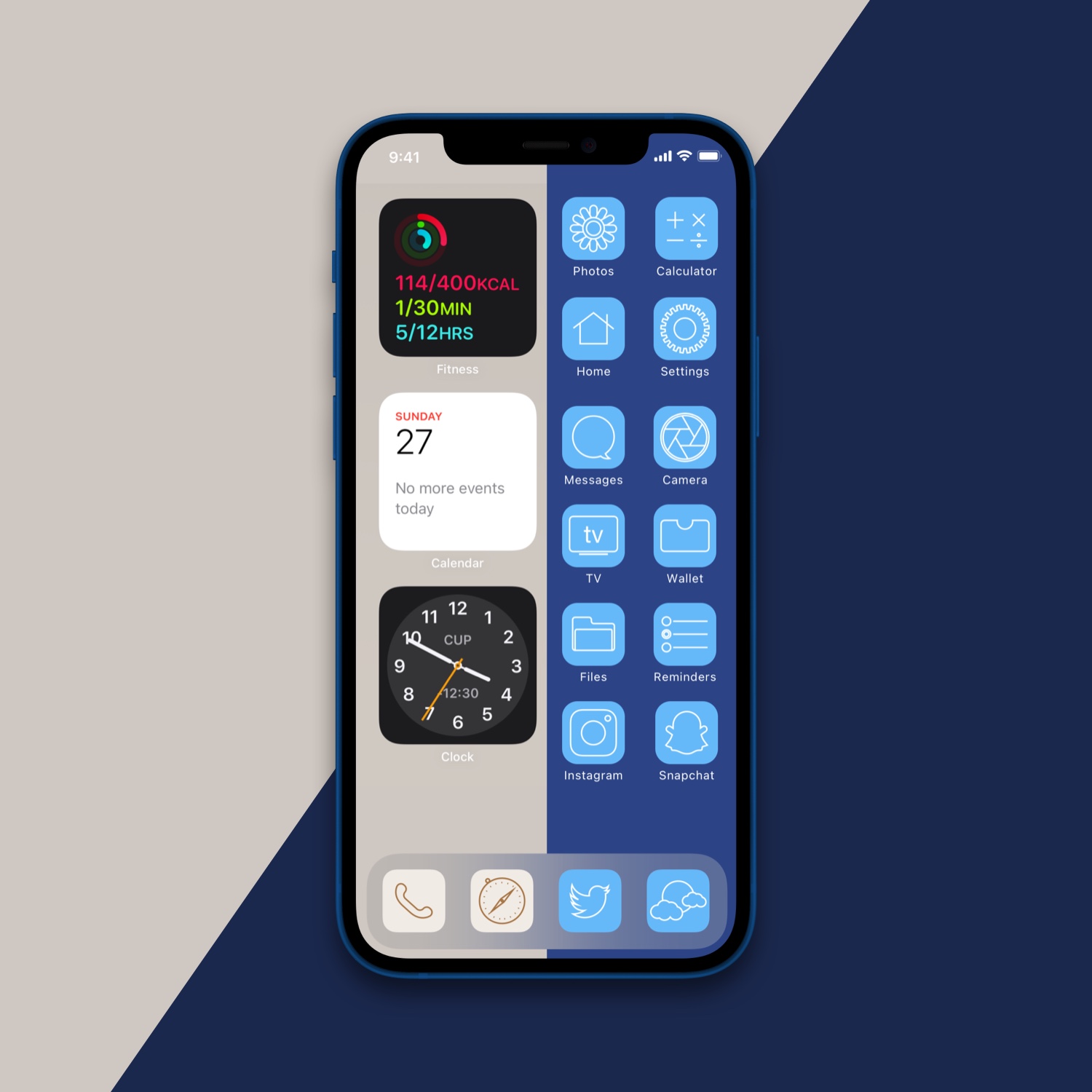 Blue Minimalist theme icon homescreen with Widgets on the left